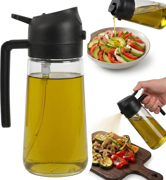 Hampton Distribution Olive Oil Sprayer for Cooking – 2-in-1 Oil Dispenser Bottle – Black Kitchen Oil Cruet with Non-Drip Spout, 15 Ounce