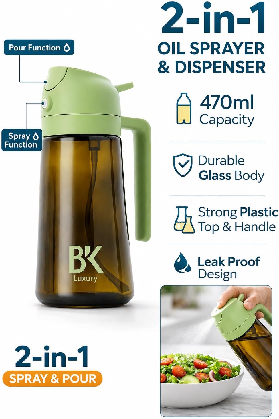 Premium Quality 2-in-1 Oil Sprayer & Dispenser Bottle, Glass, 470ml, Spray & Pour, Leak-Proof, BPA-Free, Refillable, for Cooking & Air Fryer, Dark green colour