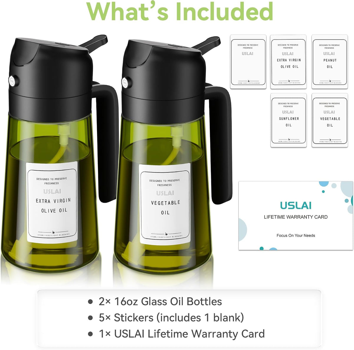 USLAI Oil Sprayer for Cooking, 16oz/470ml 2-in-1 Glass Bottle, Black Black