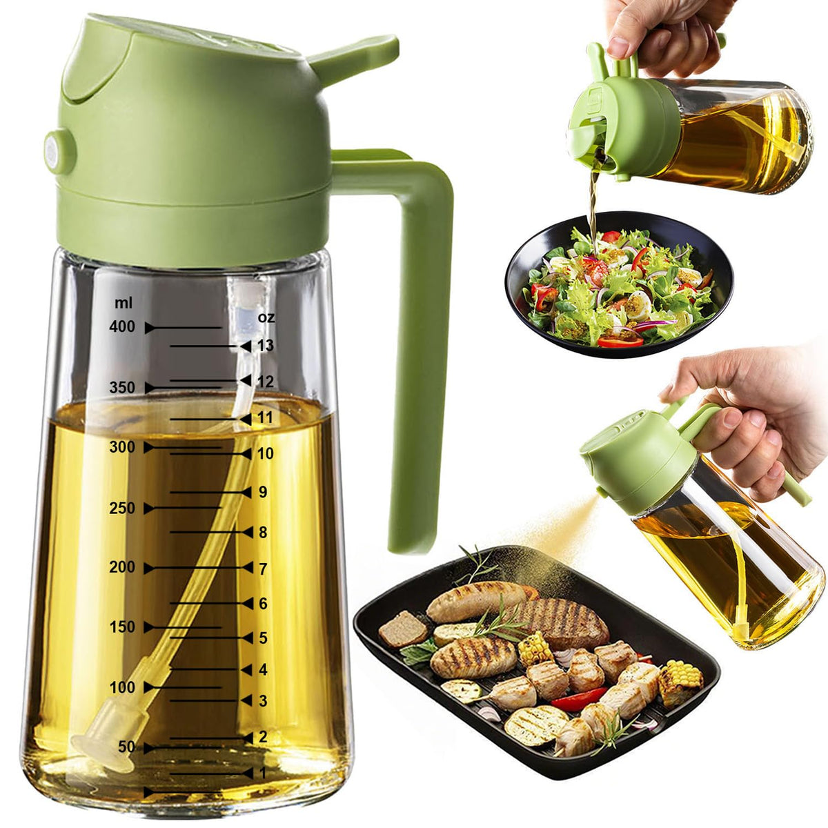 TrendPlain 16oz/470ml Glass Olive Oil Sprayer for Cooking – 2 in 1 Olive Oil Dispenser Bottle for Kitchen Gadgets and Air Fryer Accessories, Salad, BBQ - Black