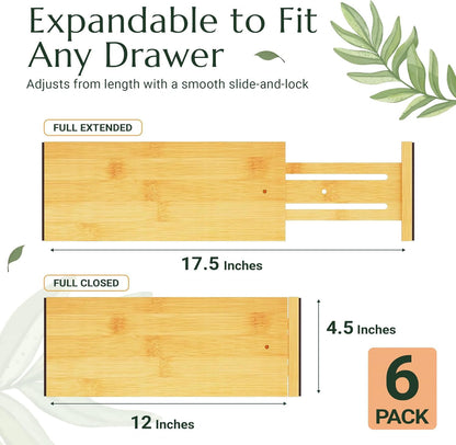 Bamboo Drawer Dividers 6 Pack with Non Slip Liner, Adjustable Expandable Drawer Organizer for Dresser, Kitchen, Bathroom, 4.5 Inch Tall Separators for Clothes, Fits 12 to 17.5 Inch Drawers