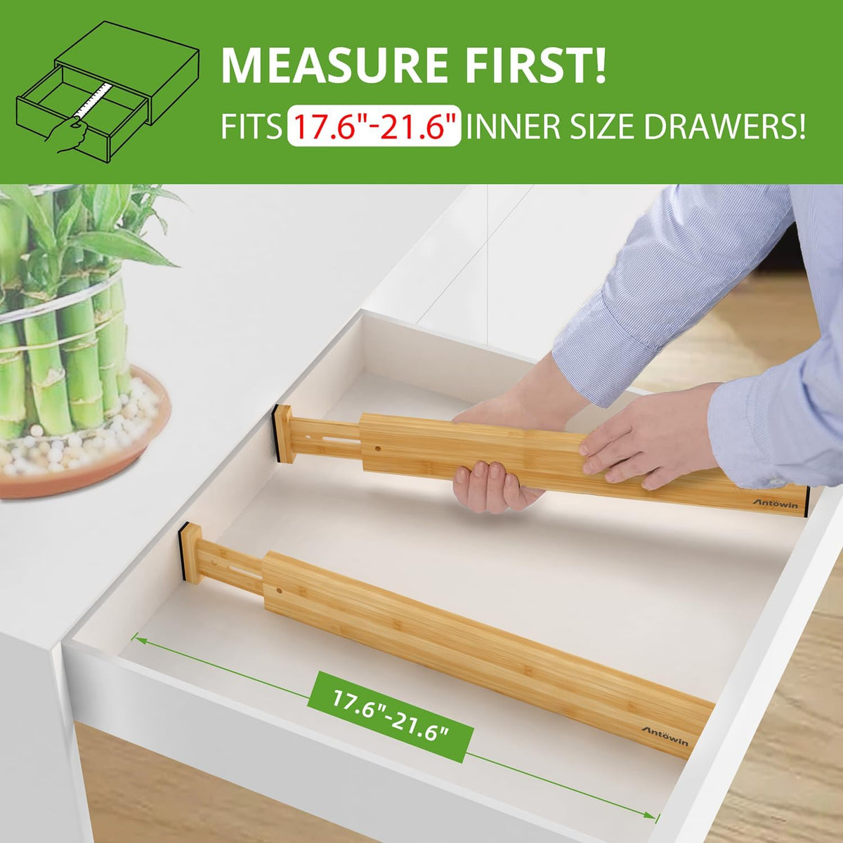 ANTOWIN Bamboo Drawer Dividers Organizers 16pcs, Expandable Drawer Separators Splitter, 17-22 inches Long Adjustable Spring-loaded Organizer for Large Utensil, Clothes, Tools Drawers (8+8)