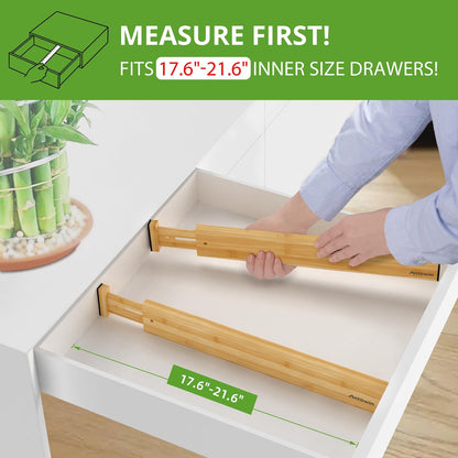ANTOWIN Bamboo Drawer Dividers Organizers 16pcs, Expandable Drawer Separators Splitter, 17-22 inches Long Adjustable Spring-loaded Organizer for Large Utensil, Clothes, Tools Drawers (8+8)