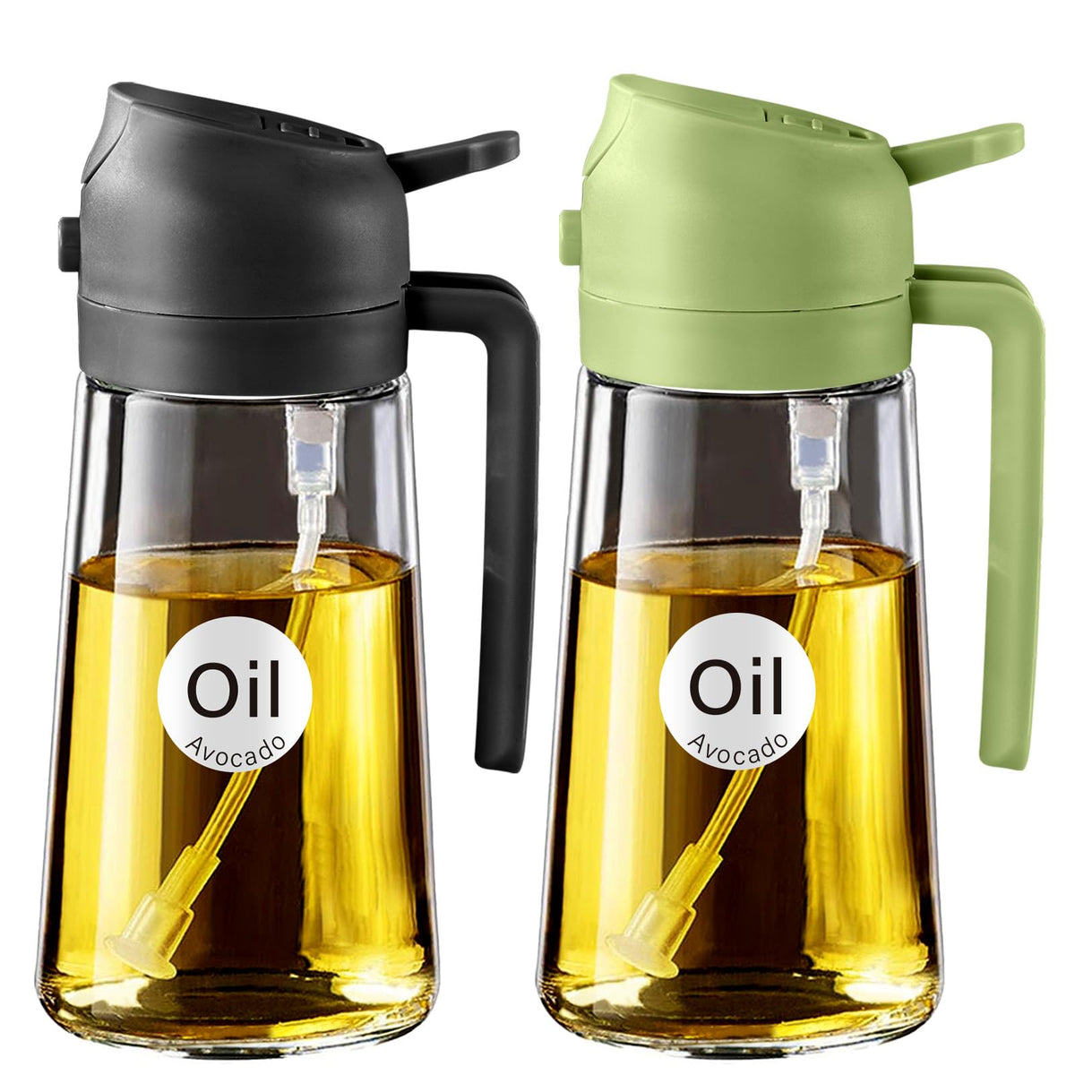 YARRAMATE 16oz/470ml Glass Olive Oil Sprayer for Cooking with Stickers, 2 in 1 Oil Dispenser for Kitchen Gadgets, Food Grade Premium Spray Bottle with Portion Control for Salad, Frying, BBQ (Green)
