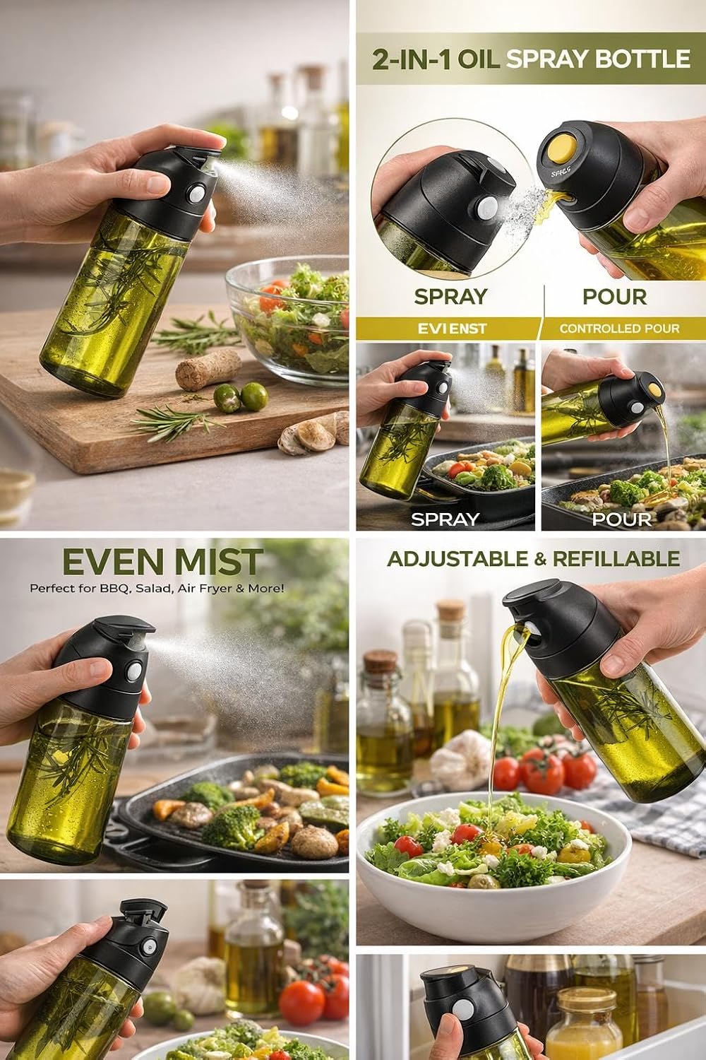 470ml Olive Oil Sprayer for Cooking – 2-in-1 Glass Oil Dispenser Bottle with Spray & Pour, Refillable Oil Mister for Air Fryer, Salad, BBQ, Kitchen