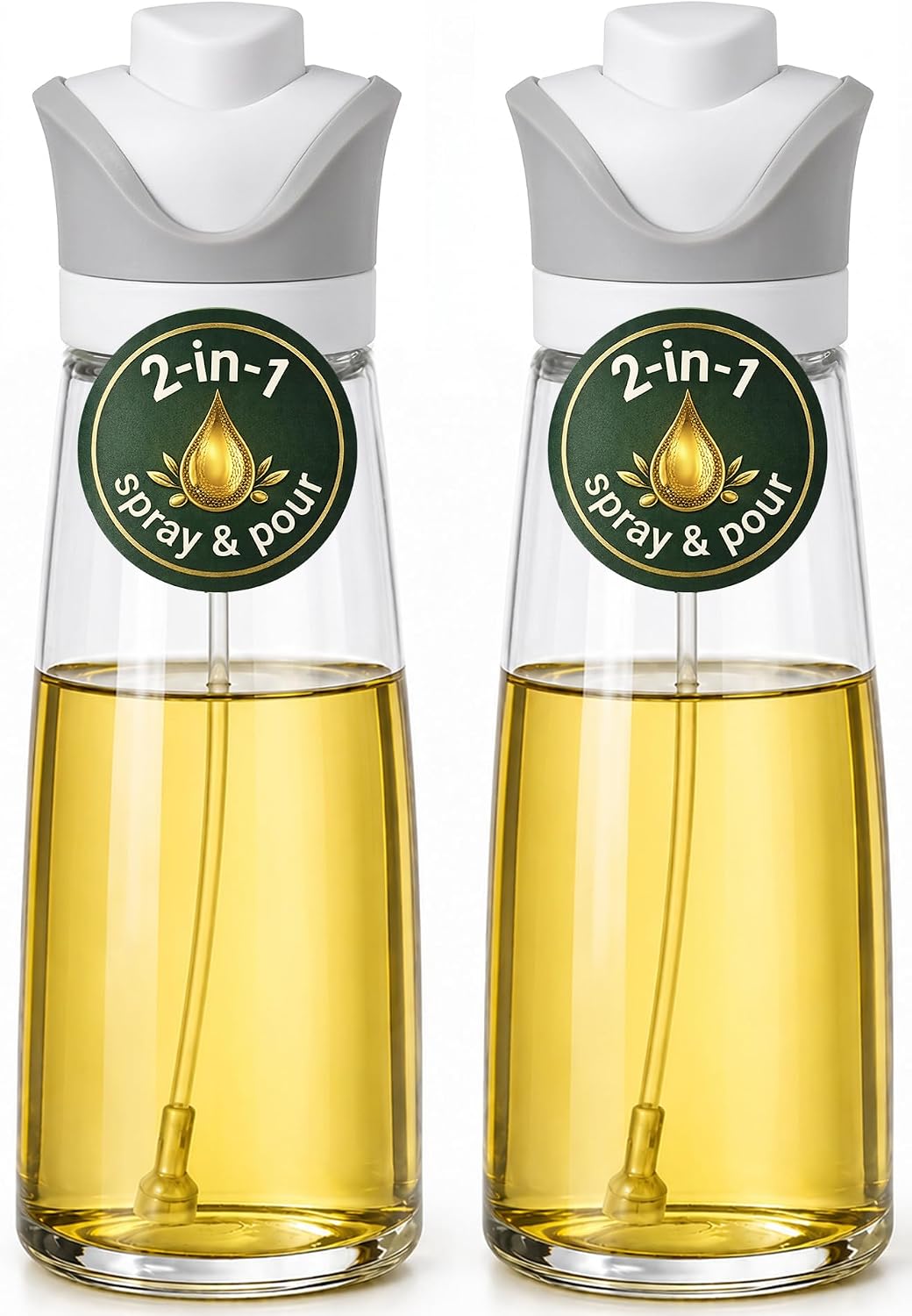 Olive Oil Dispenser for Kitchen 2-in-1 Pour and Spray | 11.5 oz / 340 ml | Glass Olive Oil Sprayer for Cooking, Airfryer, Salad & BBQ | Set of 2 Bottles, White