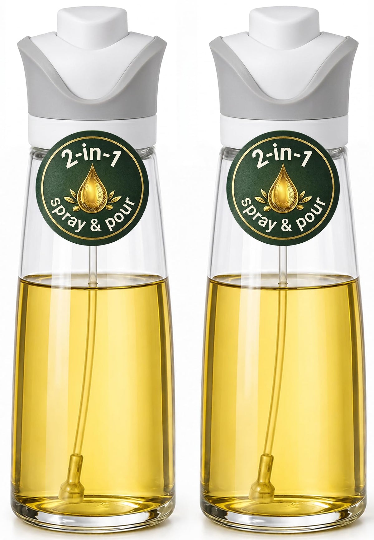 Olive Oil Dispenser for Kitchen 2-in-1 Pour and Spray | 11.5 oz / 340 ml | Glass Olive Oil Sprayer for Cooking, Airfryer, Salad & BBQ | Set of 2 Bottles, White