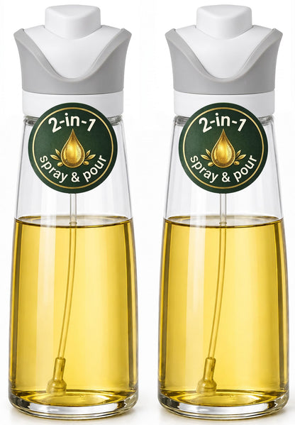 Olive Oil Dispenser for Kitchen 2-in-1 Pour and Spray | 11.5 oz / 340 ml | Glass Olive Oil Sprayer for Cooking, Airfryer, Salad & BBQ | Set of 2 Bottles, White