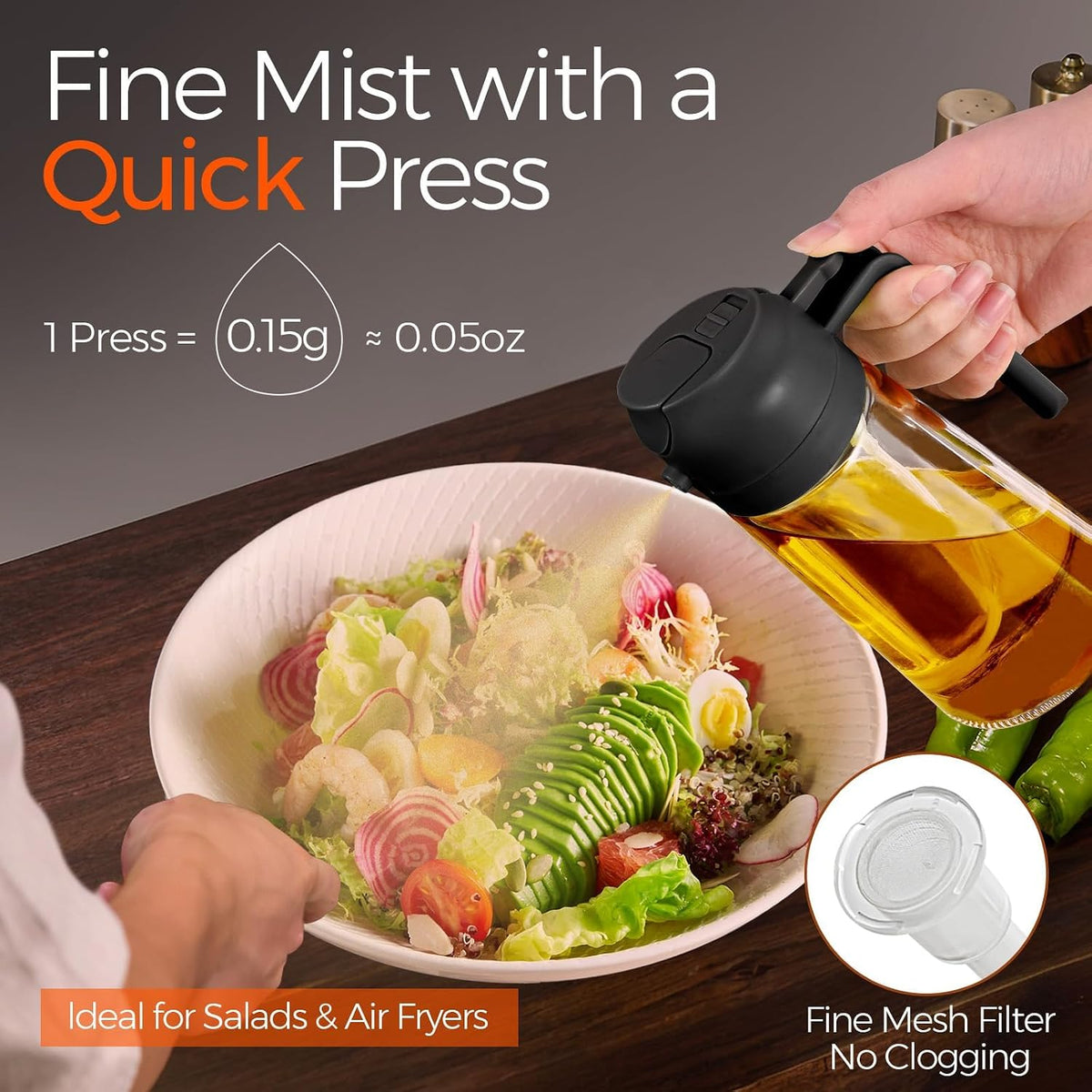 16oz/470ml Glass Olive Oil Sprayer & Dispenser, 2-in-1 Oil Spray Bottle with Pour Spout, Refillable Cooking Oil Dispenser for Air Fryer, Salad, BBQ & Kitchen