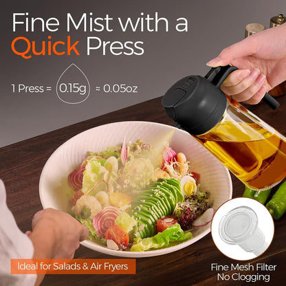 16oz/470ml Glass Olive Oil Sprayer & Dispenser, 2-in-1 Oil Spray Bottle with Pour Spout, Refillable Cooking Oil Dispenser for Air Fryer, Salad, BBQ & Kitchen