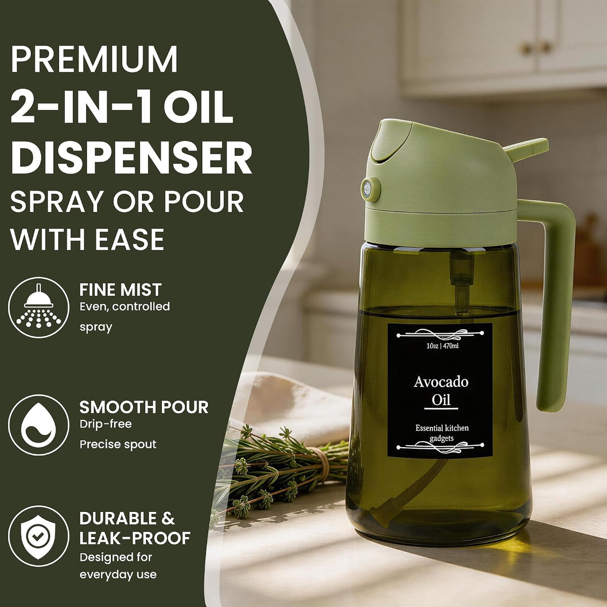 Oil Dispenser Glass Bottle, 16oz/470ml, 2-in-1 Oil Sprayer and Pourer, Clear Glass with Light-Blocking Dark Exterior Coating, for Cooking, Air Fryer, Salad, BBQ (Green)