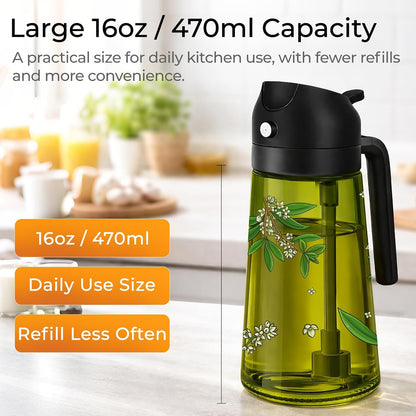 COOLMI Oil Sprayer for Cooking, 2 in 1 Olive Oil Dispenser Bottle Set for Kitchen, Food-Grade Glass Green Oil Vinegar Bottle Container - 16OZ/470ML Set of 2 (Black)