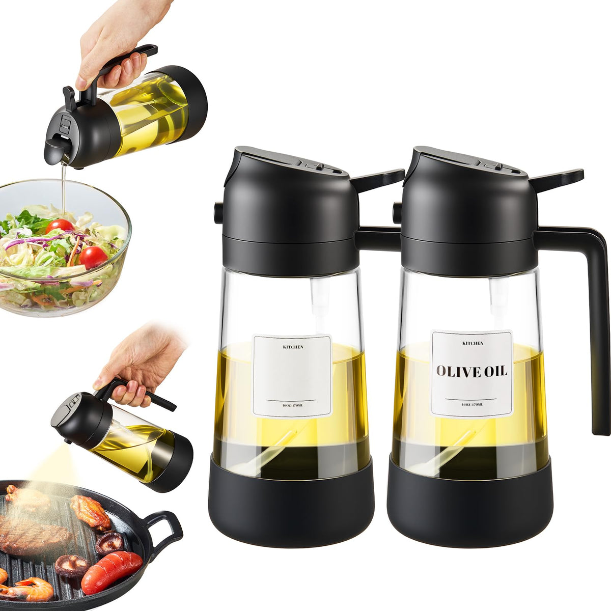 PARACITY Oil Sprayer for Cooking, 2-in-1 Dispenser Bottle, 16 oz, Black