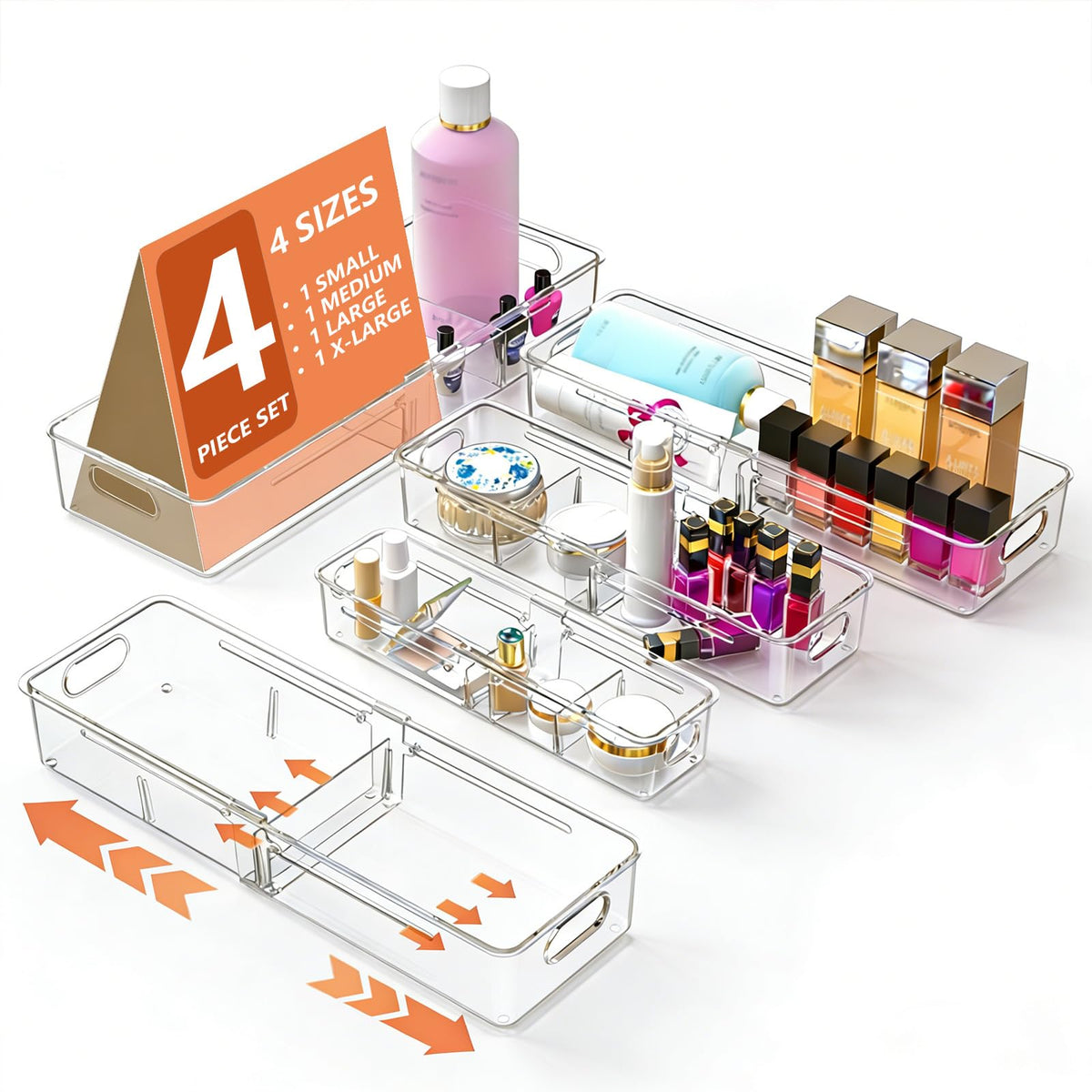 REBECAT 4 -Size Expandable Drawer Organizer 4 Pack Plastic Storage Bins