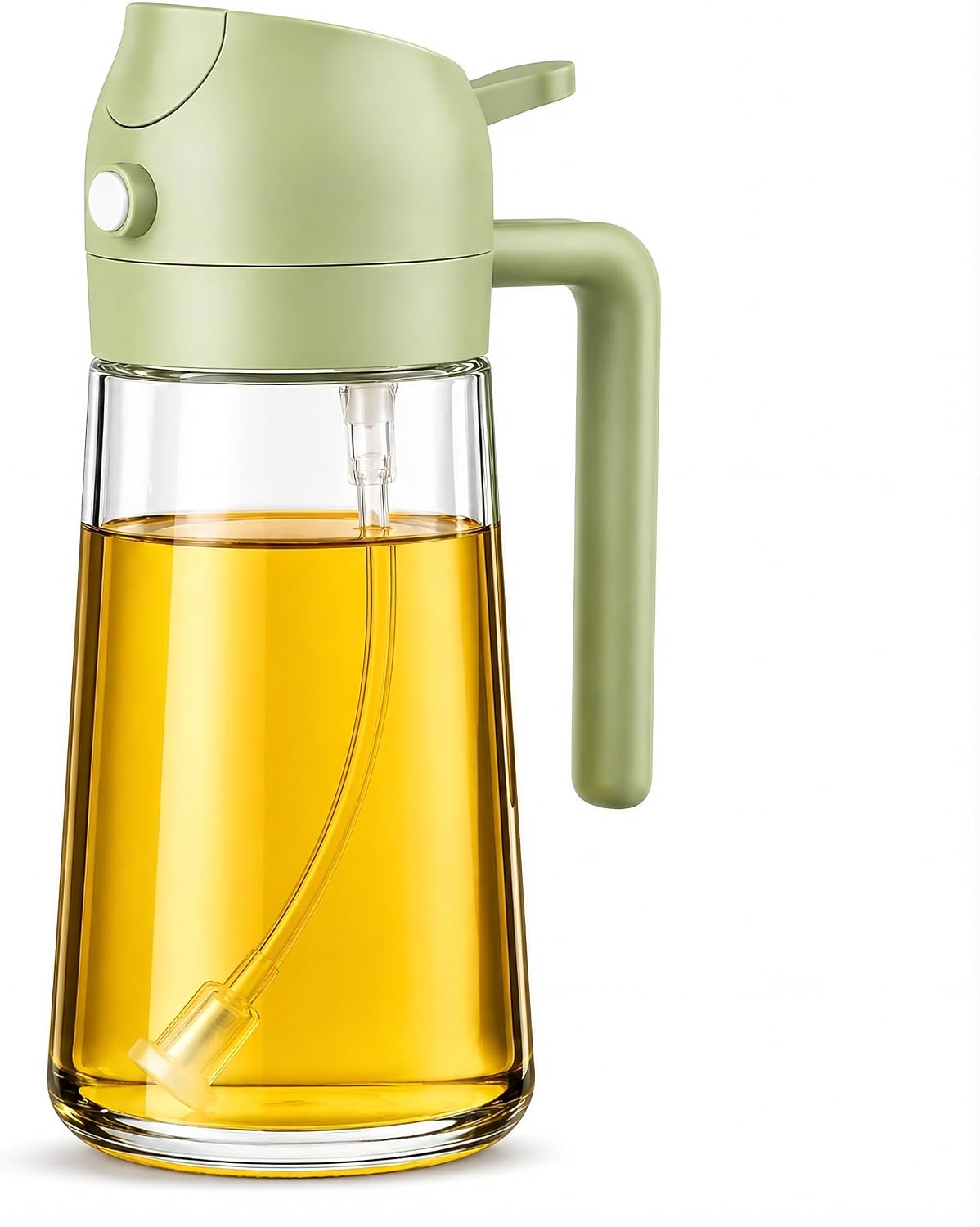 Olive Oil Sprayer 470ml Glass Bottle, 2-in-1 Oil Dispenser & Fine Mist Spray for Cooking, Air Fryer, Salad, BBQ, Refillable & Leakproof (Green)
