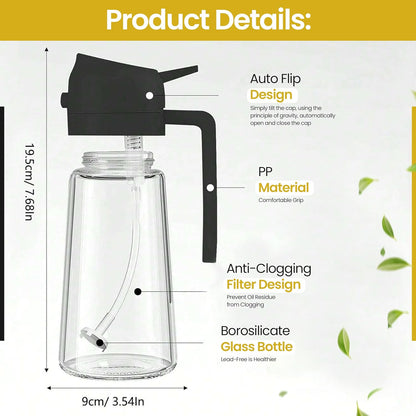 2 in 1 Oil Sprayer & Dispenser for Cooking | 16oz/470ml Glass Olive Oil Sprayer with Brush | Oil Spray Bottle with Pourer, Food-grade Oil Mister for Air Fryer, Salad, Frying, BBQ (Black)