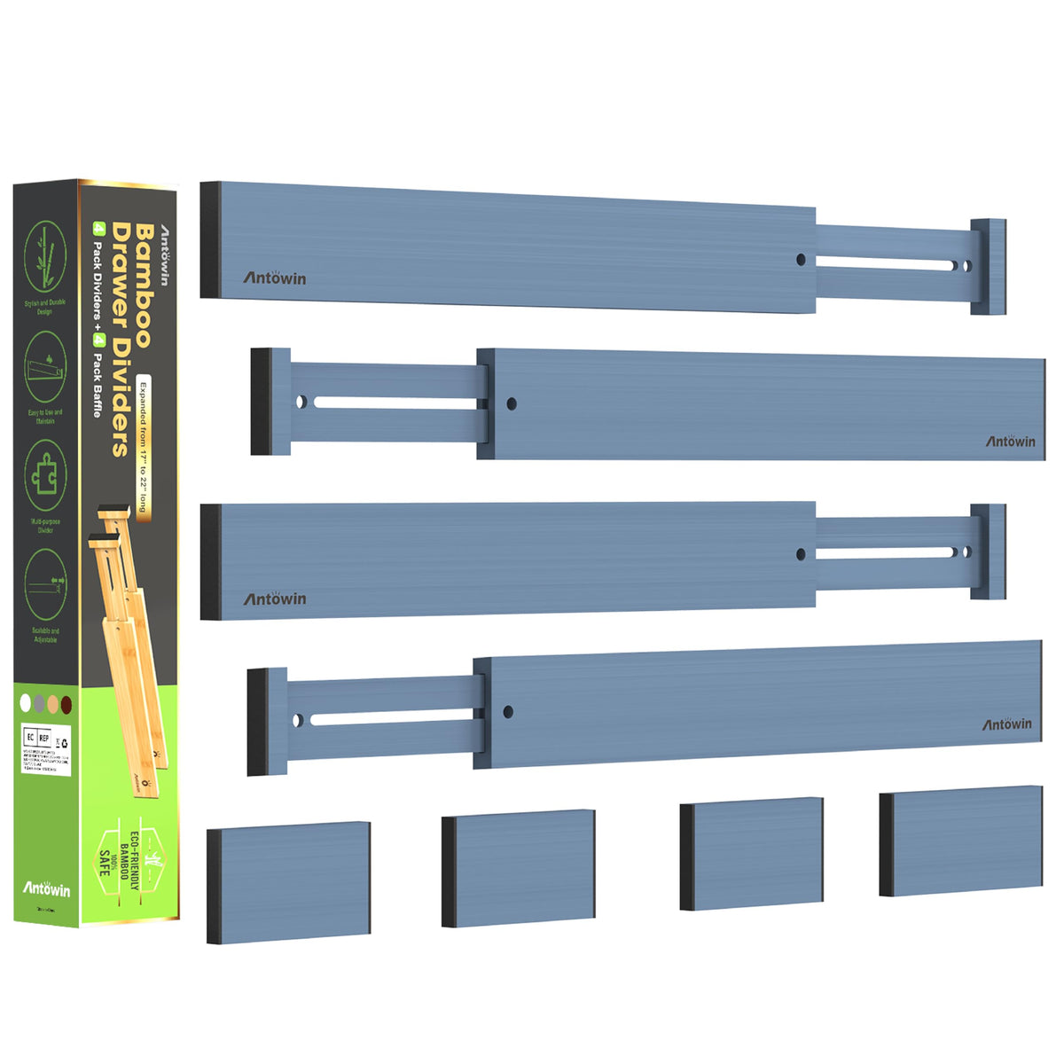 ANTOWIN 4 Pcs Expandable Bamboo Drawer Dividers, Fits 17.6-21.6" Drawers