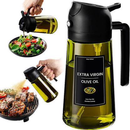 CXINYI - 16oz/470ml Olive Oil Dispenser for Kitchen with Stickers - 2 in 1 Olive Oil Sprayer for Cooking, Air Fryer, and Salad, Black&Green (Light-Proof Kitchen Gadget)