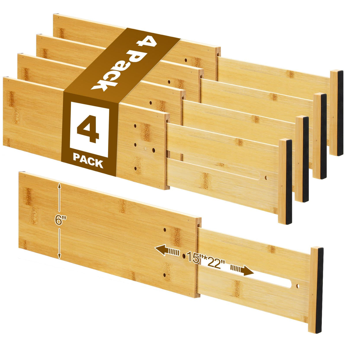 DoubleFill 4 Pcs Deep Bamboo Drawer Dividers, Deep Kitchen Dresser Drawer Organizer with Spring Loaded for Clothes, Adjustable Expandable from 15-22 Inch(6 Inch,White)