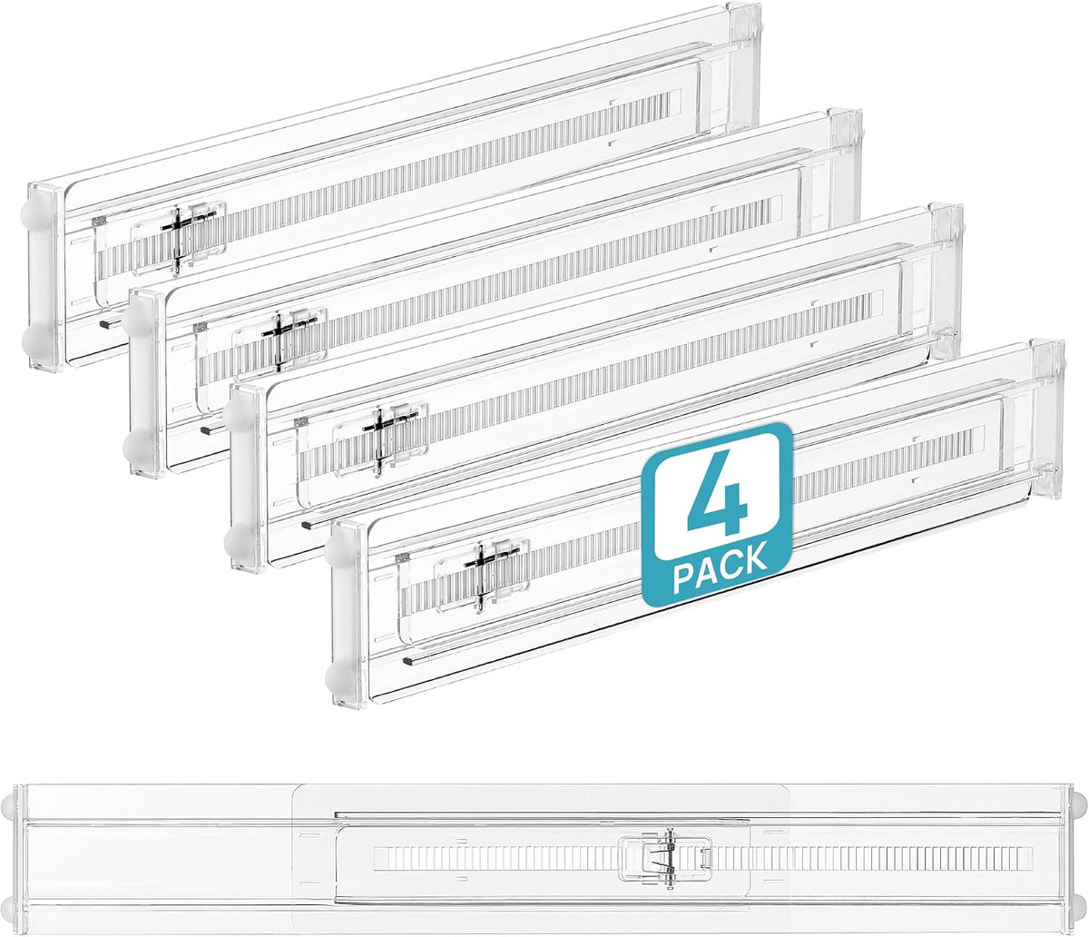 Vtopmart 4 Pack Shallow Drawer Dividers, 2.36" High 12.5"-20.8" Adjustable Expandable Kitchen Drawer Organizer, Clear Plastic Organizer Separators for Flatware, Utensil, Cutlery, Underwear, Clothes