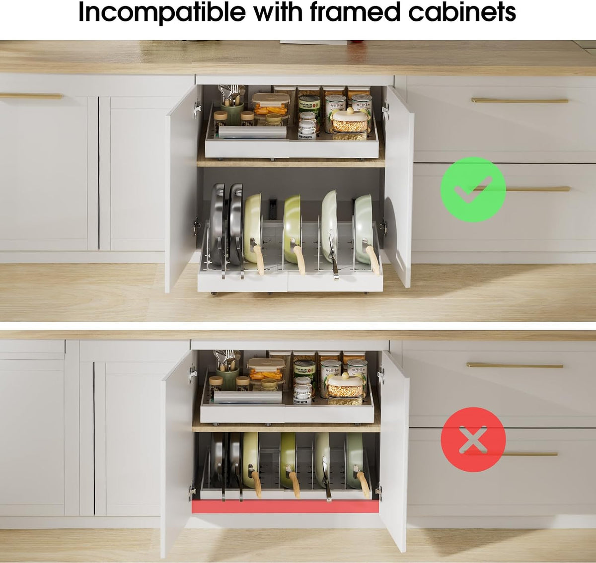Delamu 16" Deep Pull Out Cabinet Organizer with 6 Dividers, Expandable (11.7 "-20" W) Pull Out Drawers for Cabinets, Cabinet Trays Pull Out for Cabinets in Kitchen, Pantry or Bathroom, White, 2 Pack