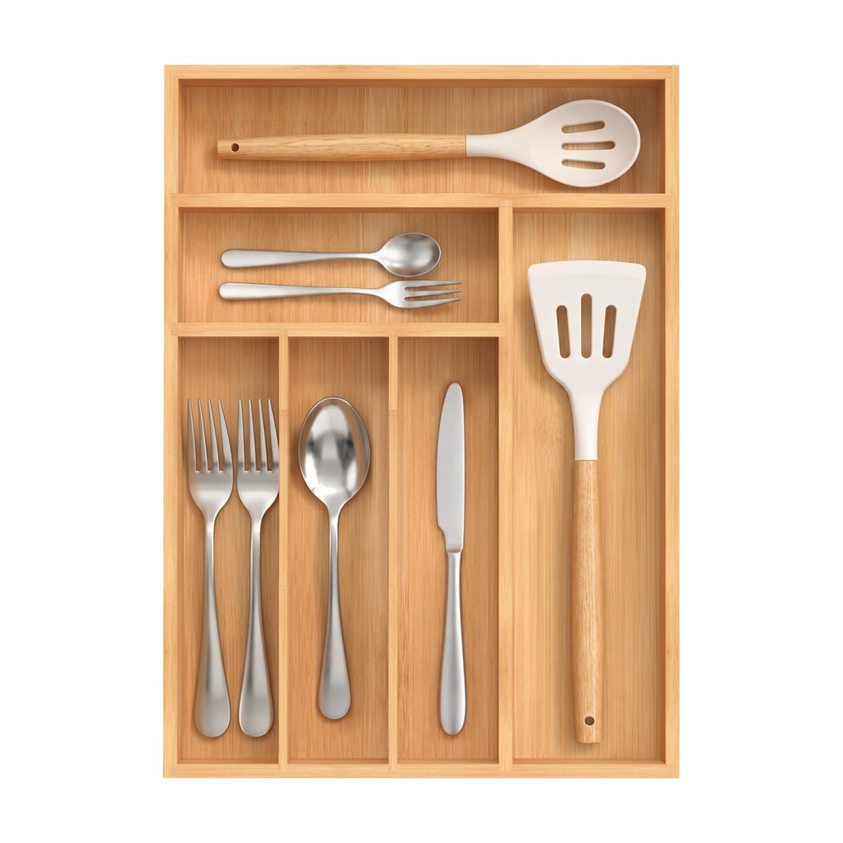 Small Silverware Organizer, Bamboo Kitchen Drawer Organizer, Utensil Holder, Cutlery Tray & Spoon Flatware Storage with Grooved Drawer Dividers (6.7''W x 12''D)