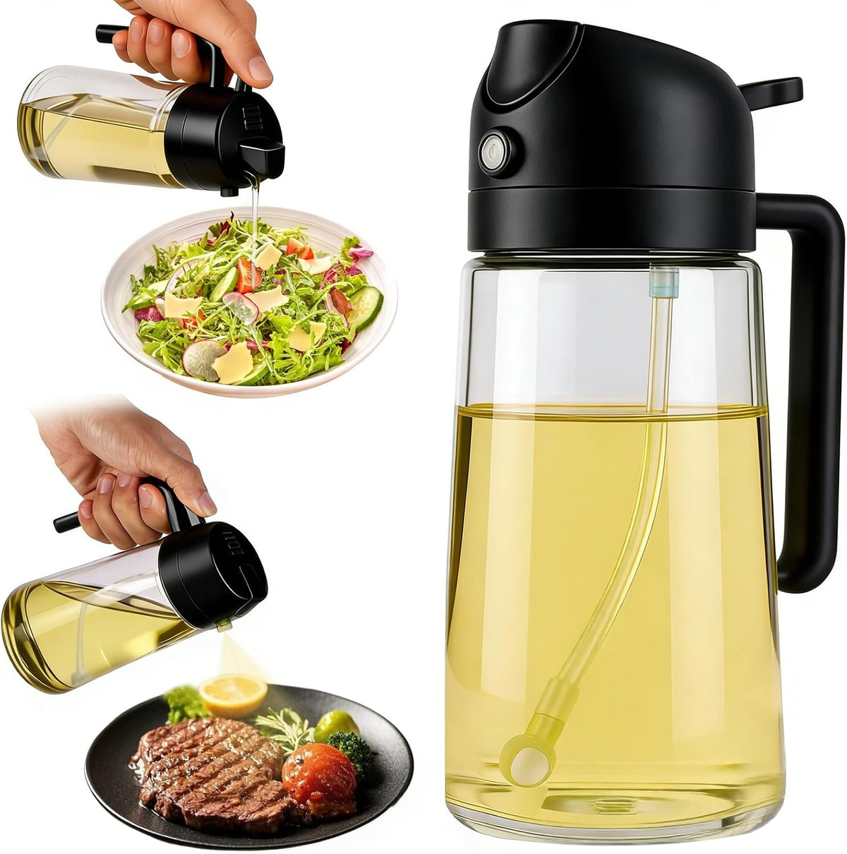 16oz Glass Oil Spray Bottle, 2-in-1 Dispenser with Pour Spout, for Cooking Air Fryers Salads BBQ(Black)