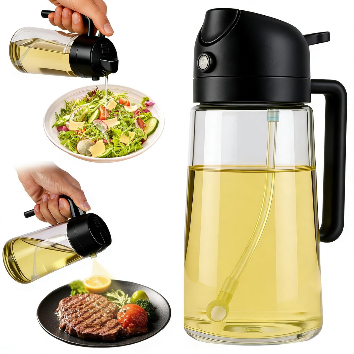 16oz Glass Oil Spray Bottle, 2-in-1 Dispenser with Pour Spout, for Cooking Air Fryers Salads BBQ(Black)