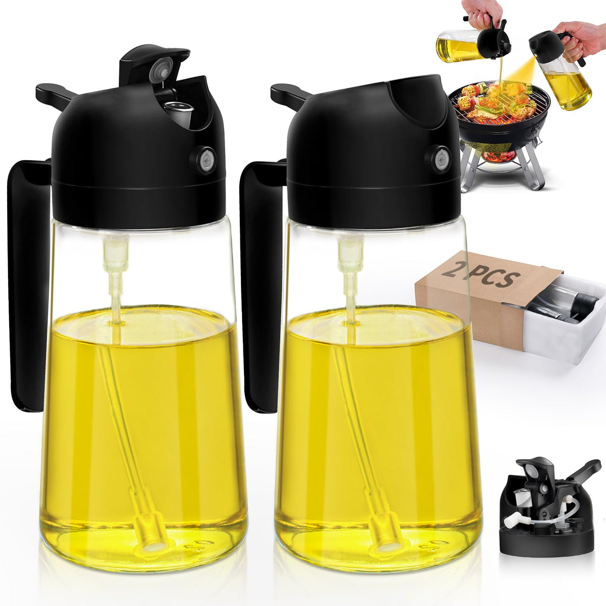 Oil Sprayer for Cooking 2pcs,2 in 1 Oil Dispenser and Oils Sprayer Kitchen Gadgets-16oz Glass Oils Spray Bottle,Mist Olive OilDispenser,Air Fryer,Salad,Grill (White Kitchen Accessories)