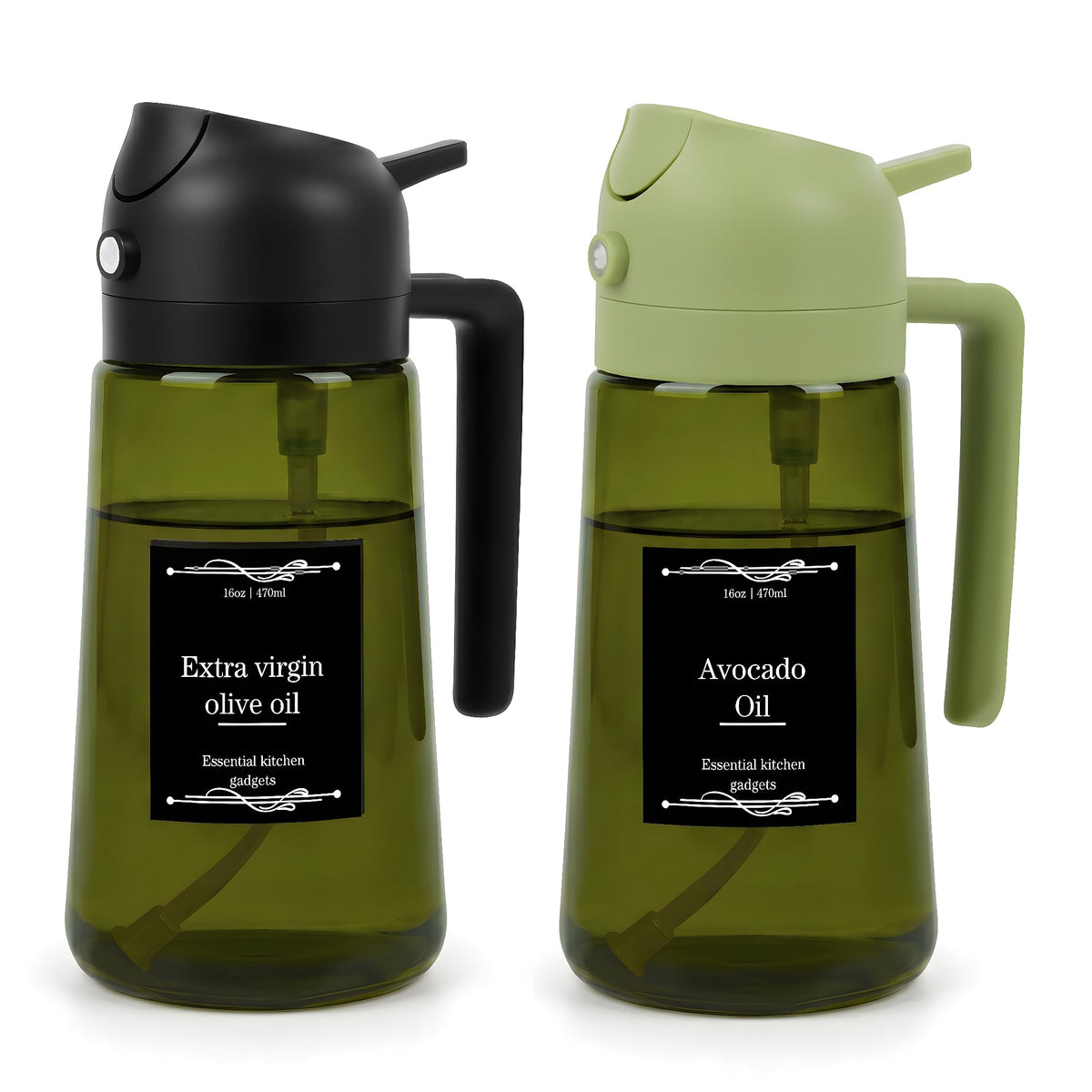 Oil Dispenser Glass Bottle, 16oz/470ml, 2-in-1 Oil Sprayer and Pourer, Clear Glass with Light-Blocking Dark Exterior Coating, for Cooking, Air Fryer, Salad, BBQ (Green)