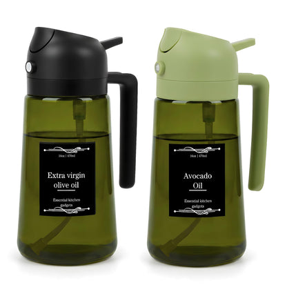 Oil Dispenser Glass Bottle, 16oz/470ml, 2-in-1 Oil Sprayer and Pourer, Clear Glass with Light-Blocking Dark Exterior Coating, for Cooking, Air Fryer, Salad, BBQ (Green)