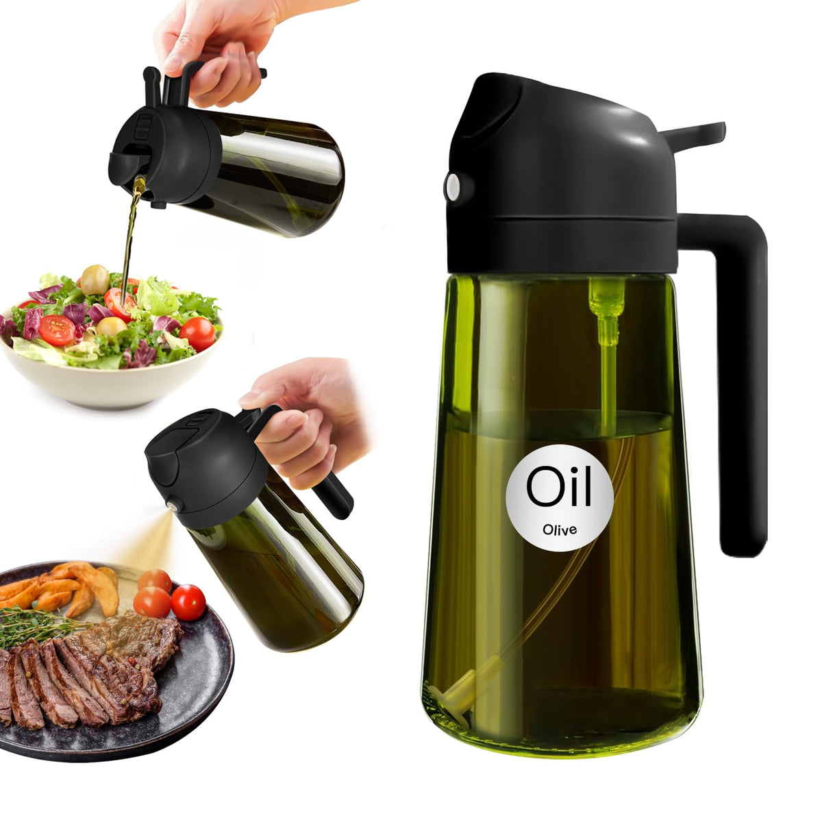 YARRAMATE 16oz/470ml Light Blocking Oil Sprayer for Cooking with Stickers, Food-Grade 2 in 1 Olive Oil Dispenser Bottle for Kitchen, Premium Dark Green Glass Oil Bottle for Air Fryer, BBQ (Green)