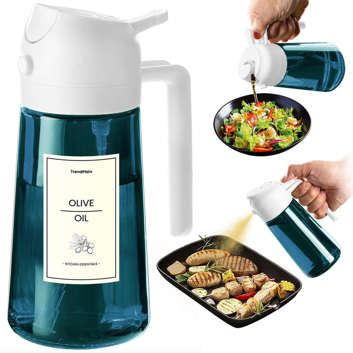 TrendPlain 16oz/470ml Blue Glass Olive Oil Sprayer for Cooking - 2 in 1 Olive Oil Dispenser for Kitchen Gadgets, Air Fryer, Salad, and BBQ (1 Pack, Black & Navy)