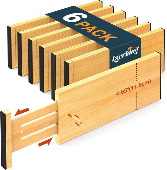 Lzerking Bamboo Drawer Dividers 4.65" High, Adjustable Dresser Drawer Organizers, 12-17.5" Expandable Deep Kitchen Drawer Divider for Dresser, Closet, Kitchen, Bedroom, Bathroom, 6 Pack