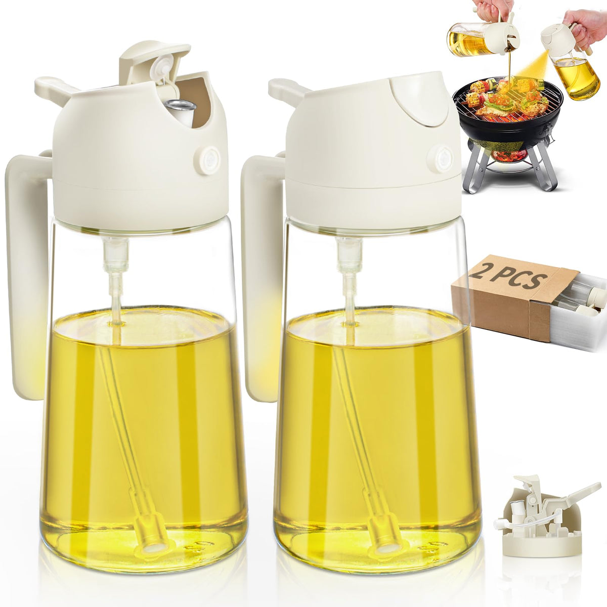 Oil Sprayer for Cooking 2pcs,2 in 1 Oil Dispenser and Oils Sprayer Kitchen Gadgets-16oz Glass Oils Spray Bottle,Mist Olive OilDispenser,Air Fryer,Salad,Grill (White Kitchen Accessories)