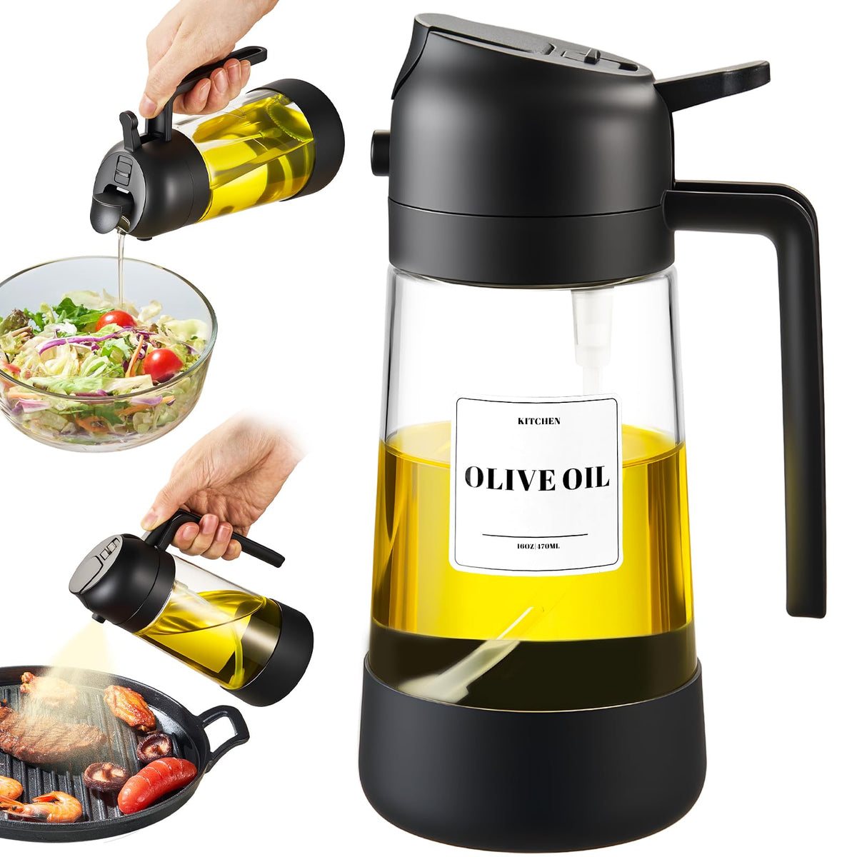 PARACITY Oil Sprayer for Cooking, 2-in-1 Dispenser Bottle, 16 oz, Black