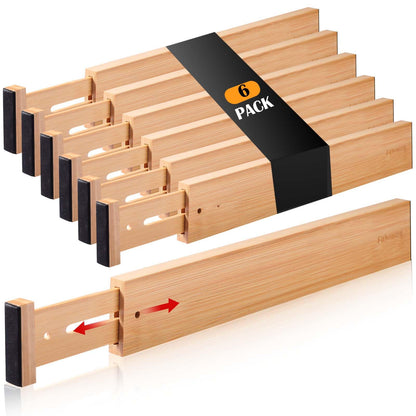 Fabsome Drawer Divider 6 Pack, Bamboo Dresser Organizers for Clothes Socks Underwear Baby Clothing, Wooden Separators for Nursery Organization Adjustable from 12.5'' to 17'' with Soft Foam Ends