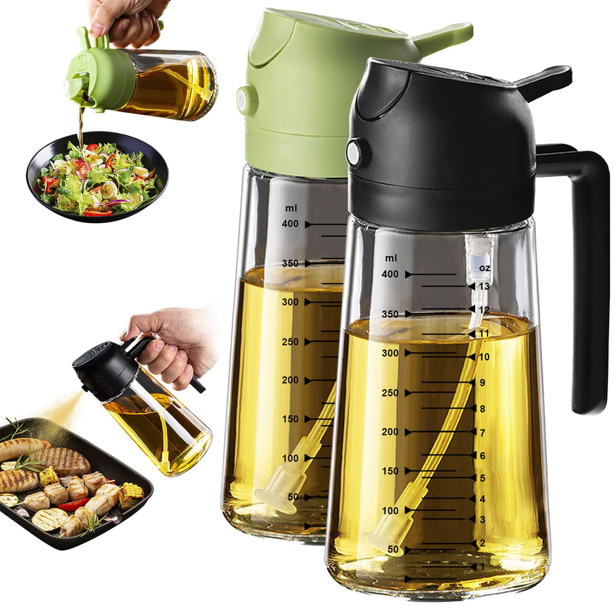 TrendPlain 16oz/470ml Glass Olive Oil Sprayer for Cooking – 2 in 1 Olive Oil Dispenser Bottle for Kitchen Gadgets and Air Fryer Accessories, Salad, BBQ - Ash