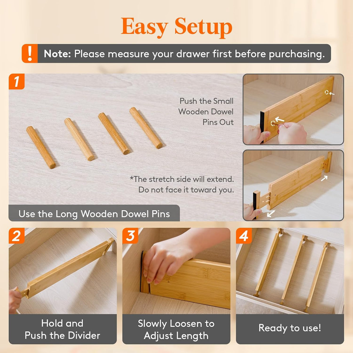 Lifewit 4" High Dresser Drawer Dividers, Adjustable Bamboo Drawer Organizer