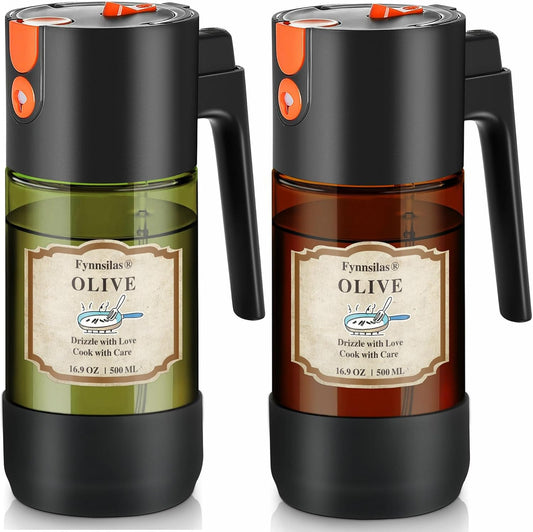 2-IN-1 Oil Sprayer for Cooking with 8 Stickers Light-Blocking Dark Glass Olive Oil Dispenser Bottle for Kitchen 500ml/16.9oz Oil Mister for Air Fryer, BBQ,Salad Even Spray with Portion Control-2PC