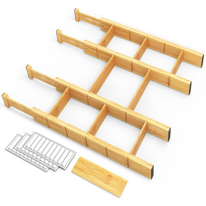 SpaceAid Bamboo Drawer Dividers with Inserts and Labels, Kitchen Adjustable Drawer Organizers, Expandable Organization for Home, Office, Dressers, 7 Dividers with 15 Inserts (17"-22" Natural)