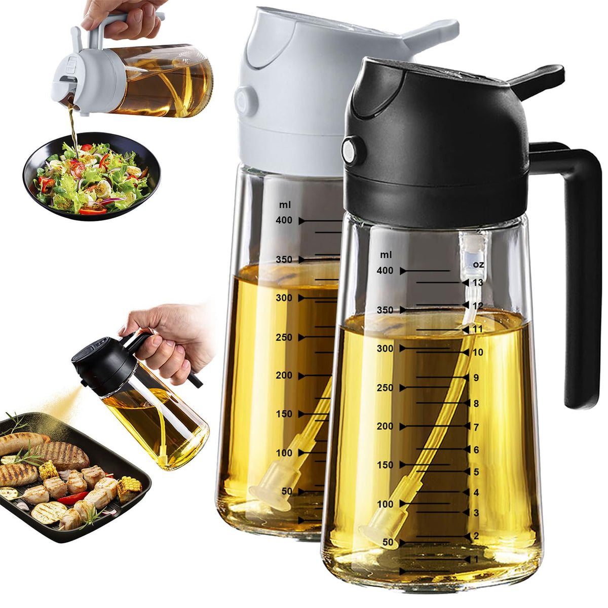TrendPlain 16oz/470ml Glass Olive Oil Sprayer for Cooking – 2 in 1 Olive Oil Dispenser Bottle for Kitchen Gadgets and Air Fryer Accessories, Salad, BBQ - Black