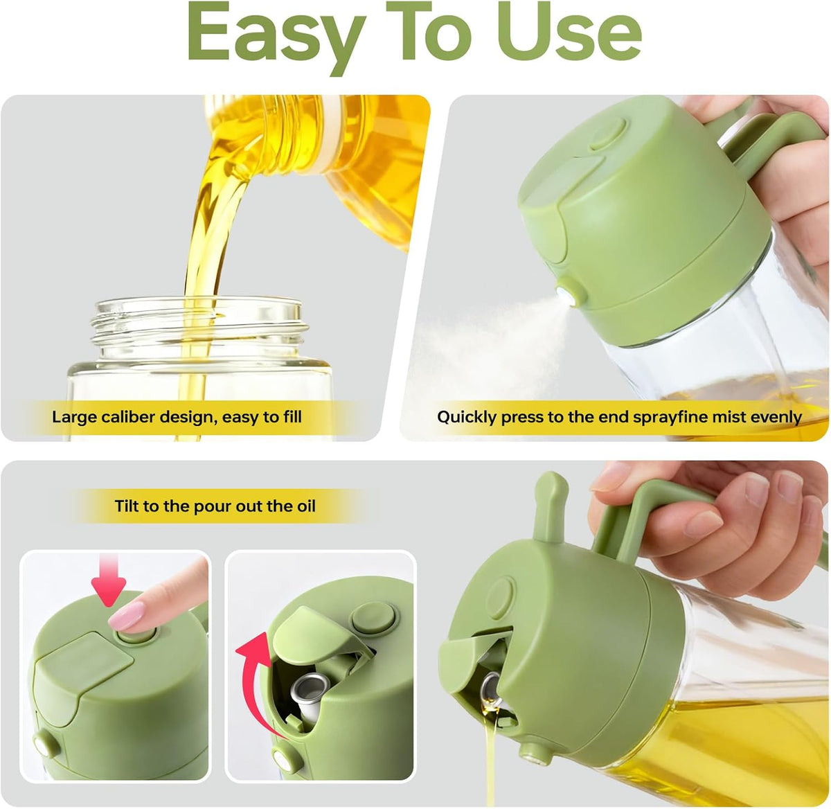 2Pcs Glass Oil Sprayer for Cooking 16oz/470ml, Kitchen Gadget for Air Fryer, Salad, BBQ, Frying（White） (Black+Green)