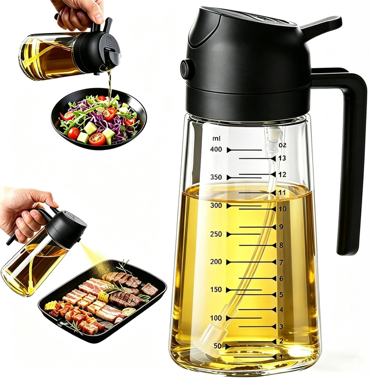 AT-VALY 16oz 2‑in‑1 Oil Sprayer for Cooking Oil Dispenser Bottle, Black