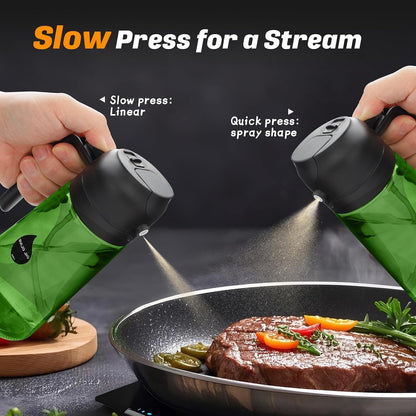 2 in 1 Oil Sprayer for Cooking, Olive Oil Dispenser Bottle for Kitchen Spray and Pour, 16oz/470ml Light-Blocking Dark Green Glass Bottle, Food-Grade Oil Mister for Air Fryer Cream Cap