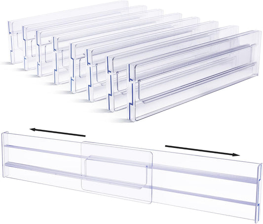 Vtopmart Drawer Dividers Organizers 8 Pack, Adjustable 3.2" High Expandable from 12.2-21.4" Kitchen Drawer Organizer, Clear Plastic Drawers Separators for Clothing, Installed by Double-sided Tape