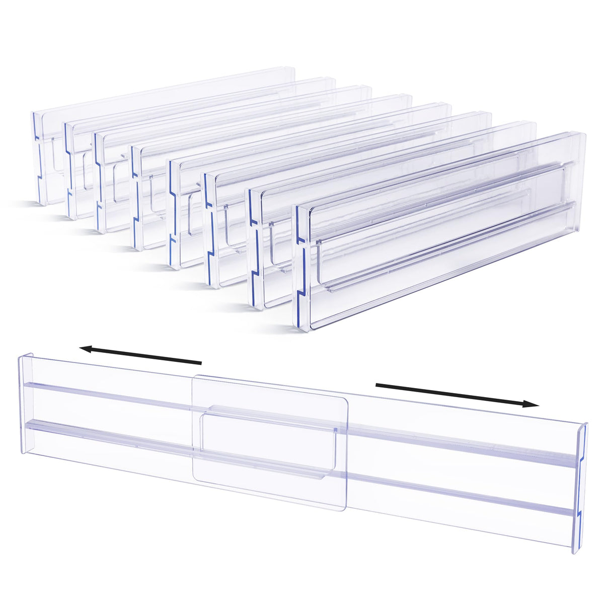 Vtopmart Drawer Dividers Organizers 8 Pack, Adjustable 3.2" High Expandable from 12.2-21.4" Kitchen Drawer Organizer, Clear Plastic Drawers Separators for Clothing, Installed by Double-sided Tape