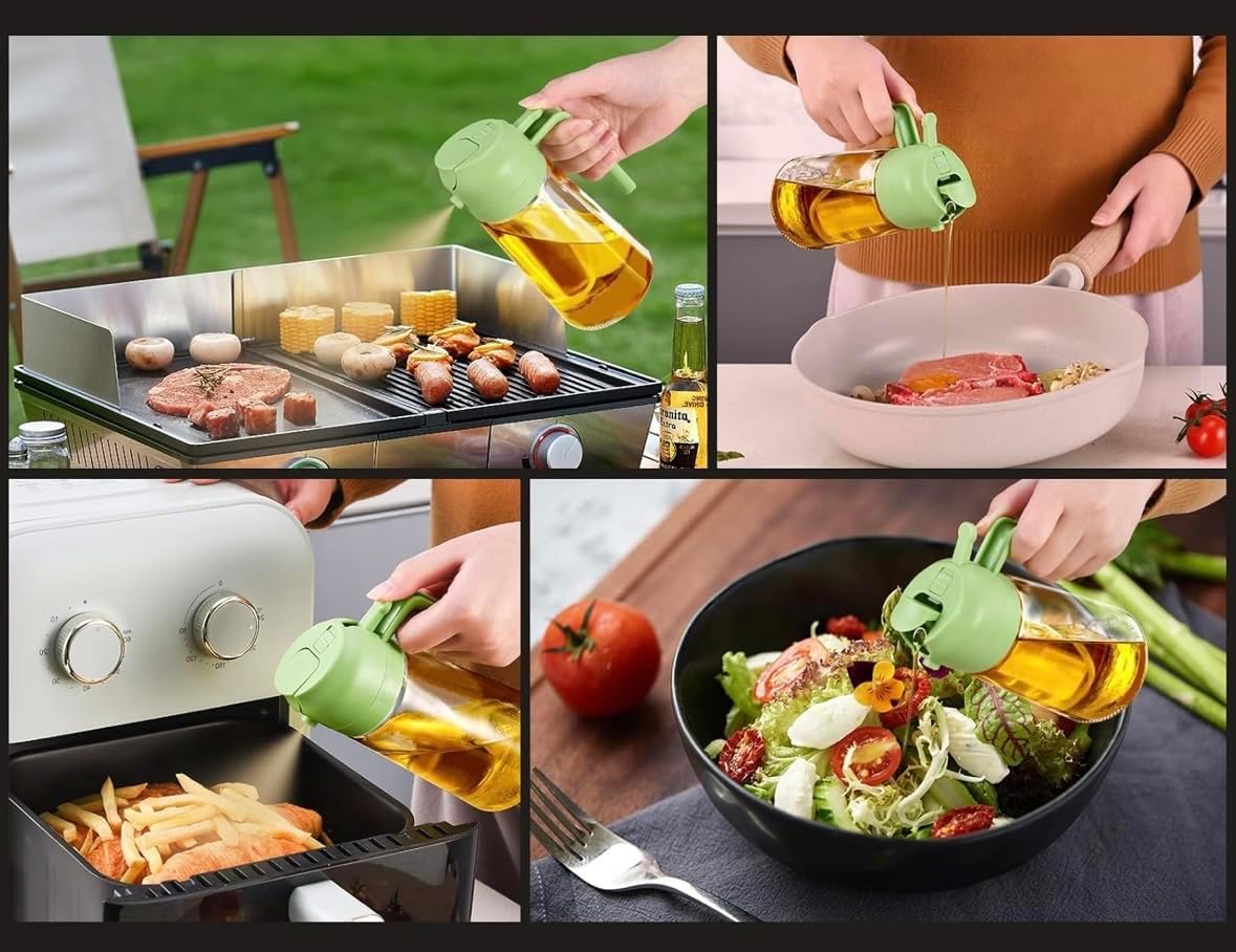 Olive Oil Sprayer 470ml Glass Bottle, 2-in-1 Oil Dispenser & Fine Mist Spray for Cooking, Air Fryer, Salad, BBQ, Refillable & Leakproof (Green)