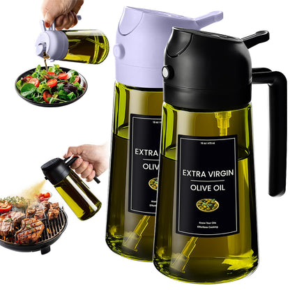 CXINYI - 16oz/470ml Olive Oil Dispenser for Kitchen with Stickers - 2 in 1 Olive Oil Sprayer for Cooking, Air Fryer, and Salad, Black&Green (Light-Proof Kitchen Gadget)