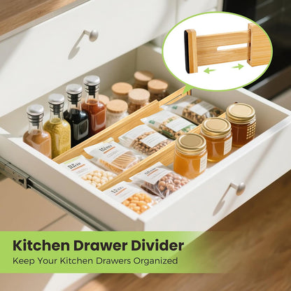 Fyvva Drawer Organizer, Spring-Loaded Expandable Bamboo Dividers 8-Pack